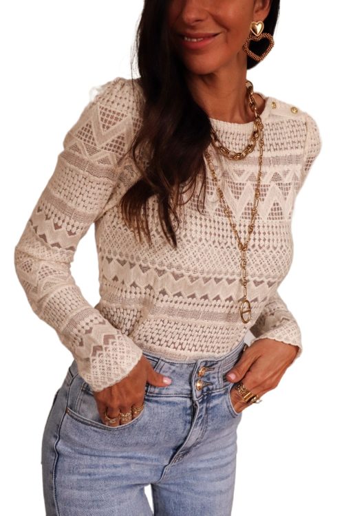 Women's White Geometric Lace Buttoned Long Sleeve Blouse