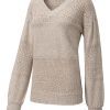 Women's Brown Eyelet Pattern V Neck Drop Shoulder Sweater - Casual Chic for Fall - Image 31