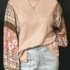 Women's Boho Chic Parchment Contrast Floral Patchwork Puff Sleeve Top - Image 6