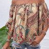 Women's Apricot Paisley Printed Off Shoulder Blouse with Ruffled Draped Sleeves - Image 10