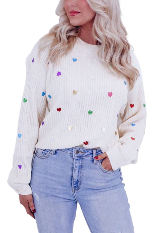 Women's Beige Sequin Heart Shape Waffle Knit Round Neck Sweater - Cozy & Stylish