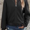 Women's Black Solid Textured Stand Neck Zipper Bomber Jacket - Image 4