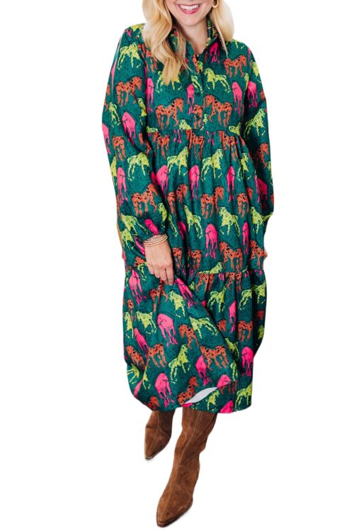 Women's Green Horse Printed Plus Size Midi Dress with Long Sleeves