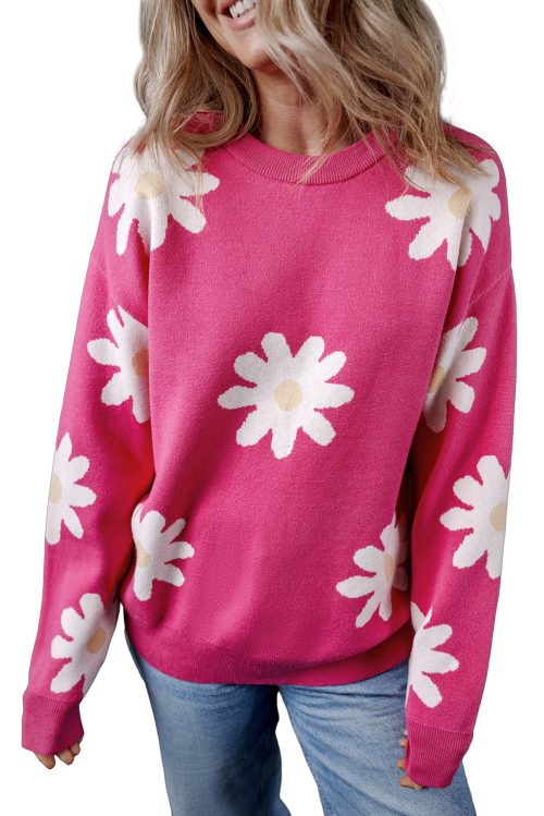 Women's Bright Pink Daisy Flower Crew Neck Long Sleeve Sweater – Cozy & Stylish