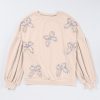 Women's Parchment Embroidered Bow Lantern Sleeve Oversized Pullover Sweatshirt - Image 5