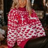 Women's Fiery Red Merry Christmas Reindeer Heart Pattern High Neck Sweater - Image 4