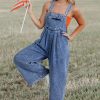 Women's Light Blue Mineral Wash Wide Leg Denim Overalls with Adjustable Buttoned Straps - Image 5