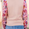 Women's Oatmeal Floral Printed Patchwork Smocked Lantern Sleeve Knit Sweater - Image 2