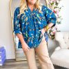 Elegant Blue Floral Notched V Neck Half Sleeve Plus Size Blouse for Women - Image 4