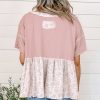 Women's Pink Waffle Floral Patchwork Short Sleeve Top with Exposed Seam Detail - Image 12