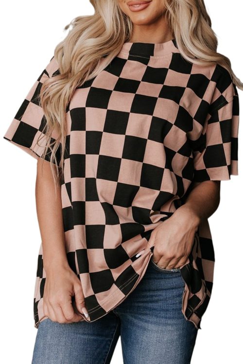 Women's Light French Beige Checkmate Boyfriend Casual Tee - Stylish Checker Pattern