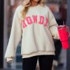 Women's Beige Sherpa HOWDY Patched Pullover Sweatshirt for Cozy Fall Style - Image 4