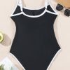 Women's Black Contrast Trim Two Tone Belted One Piece Swimsuit - Elegant Color Block Design - Image 6