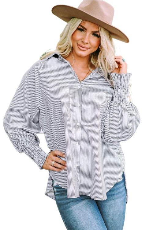 Women's Oversized Smocked Cuffed Striped Boyfriend Shirt with Pocket