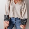 Women's Beige Floral Patchwork Textured Knit Drawstring V Neck Blouse - Image 4