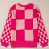 Women's Rose Red Mixed Checkered Pattern Drop Shoulder Sweater - Image 7