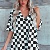 Women's Black Checkerboard Print V Neck Loose Tee and Shorts Lounge Set - Image 9