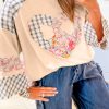 Women's Beige Plaid Floral Peace Heart Graphic Long Sleeve Top - Image 3