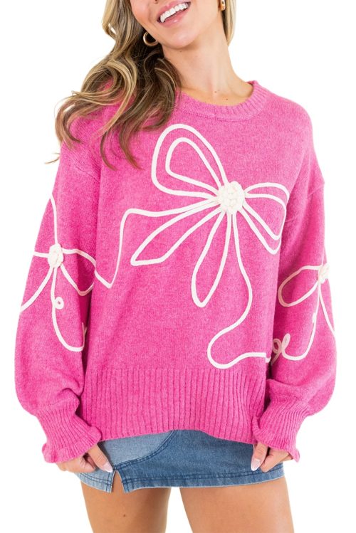 Women's Bright Pink Corded Flower Bow Casual Sweater with Puffed Sleeves