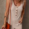 Women's Parchment Corded Knit Sleeveless Romper with Side Pockets - Image 7