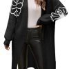 Elegant Black Flower Embroidered Drop Shoulder Open Front Duster Cardigan for Women - Image 2