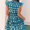 Women's Blue Retro Floral Print Ruffle Short Sleeve Mini Dress - Image 2