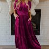 Women's Red Dahlia Velvet Tiered Maxi Dress with Short Sleeves - Image 4