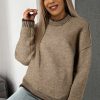 Women's Pale Khaki Contrast Trim Mock Neck Drop Shoulder Sweater - Image 11