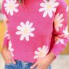 Women's Bright Pink Daisy Flower Crew Neck Long Sleeve Sweater – Cozy & Stylish - Image 11