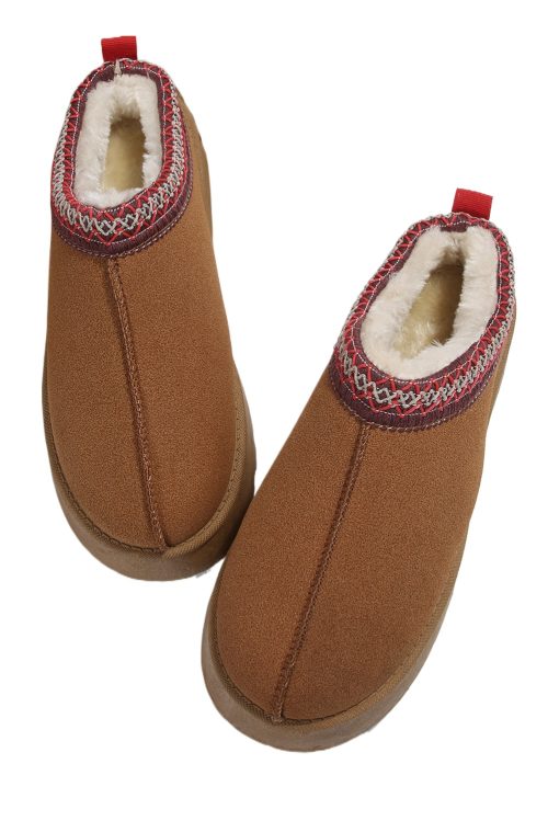 Women's Chestnut Contrast Print Suede Plush Lined Snow Boots for Winter