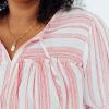 Chic Pink Stripe Plus Size Blouse with Puff Sleeves and Tassel Tie Detail - Image 4