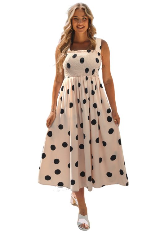 Women's Oatmeal Polka Dot Smocked Fit & Flared Sleeveless Long Dress