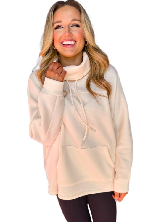 Women's Apricot Drawstring Turtleneck Dolman Sleeve Sweatshirt