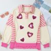 Women's Pink Stripe Patchwork Long Sleeve Top with Sequin Heart Pattern - Image 6