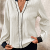 Women's Elegant White Textured Colorblock V Neck Blouse for Smart Casual Events - Image 3