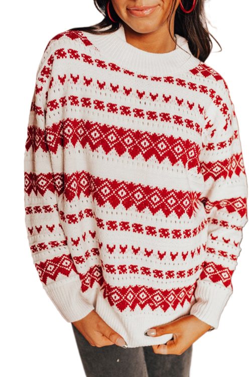 Women's White Western Geometric Patterned Crew Neck Loose Sweater