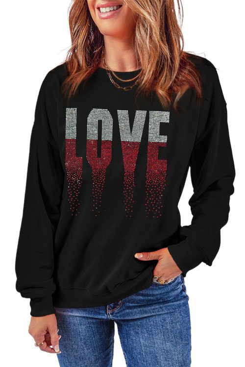 Women's Black Rhinestone LOVE Graphic Crewneck Sweatshirt for Valentine's Day