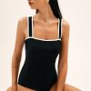 Women's Elegant Black Colorblock Edge Belted One Piece Swimsuit with Padded Support - Image 10