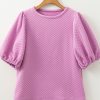 Women's Phalaenopsis Solid Textured O Neck Puff Sleeve Blouse - Casual Elegance for Every Occasion - Image 9