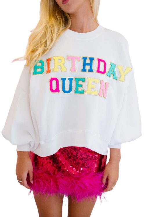 Birthday Queen White Graphic Sweatshirt with Balloon Sleeves