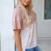 Women's Pink Waffle Floral Patchwork Short Sleeve Top with Exposed Seam Detail - Image 7