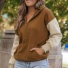 Women's Stylish Chestnut Color Block Half Zip Hoodie - Image 14