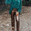 Women's Elegant Sea Green Velvet V Neck Peplum Hem Puff Sleeve Blouse - Image 13