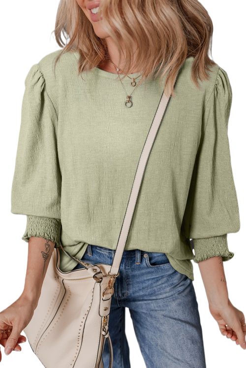 Women's Laurel Green Textured Half Sleeve Blouse - Stylish Round Neck Top for Daily Wear