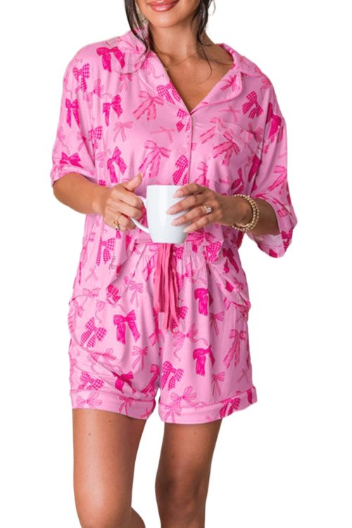 Women's Pink Bow Print Half Sleeve Shirt and Shorts Pajamas Set