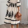 Women's Beige Geometric Print 3/4 Sleeve Loose Midi Dress - Image 2