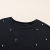 Women's Black Pearl Beaded Drop Shoulder Crewneck T-Shirt - Trendy Casual Tee - Image 18