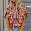 Charming Women's Pink Floral Print Crew Neck Short Sleeve Shift Blouse - Image 14