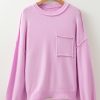 Women's Pink Raw Edge Ribbed Detail Drop Shoulder Sweater - Casual Chic for Winter - Image 4