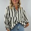 Women's Black Stripe Crinkled Ruffled Sleeve Button-Up Loose Shirt - Image 6